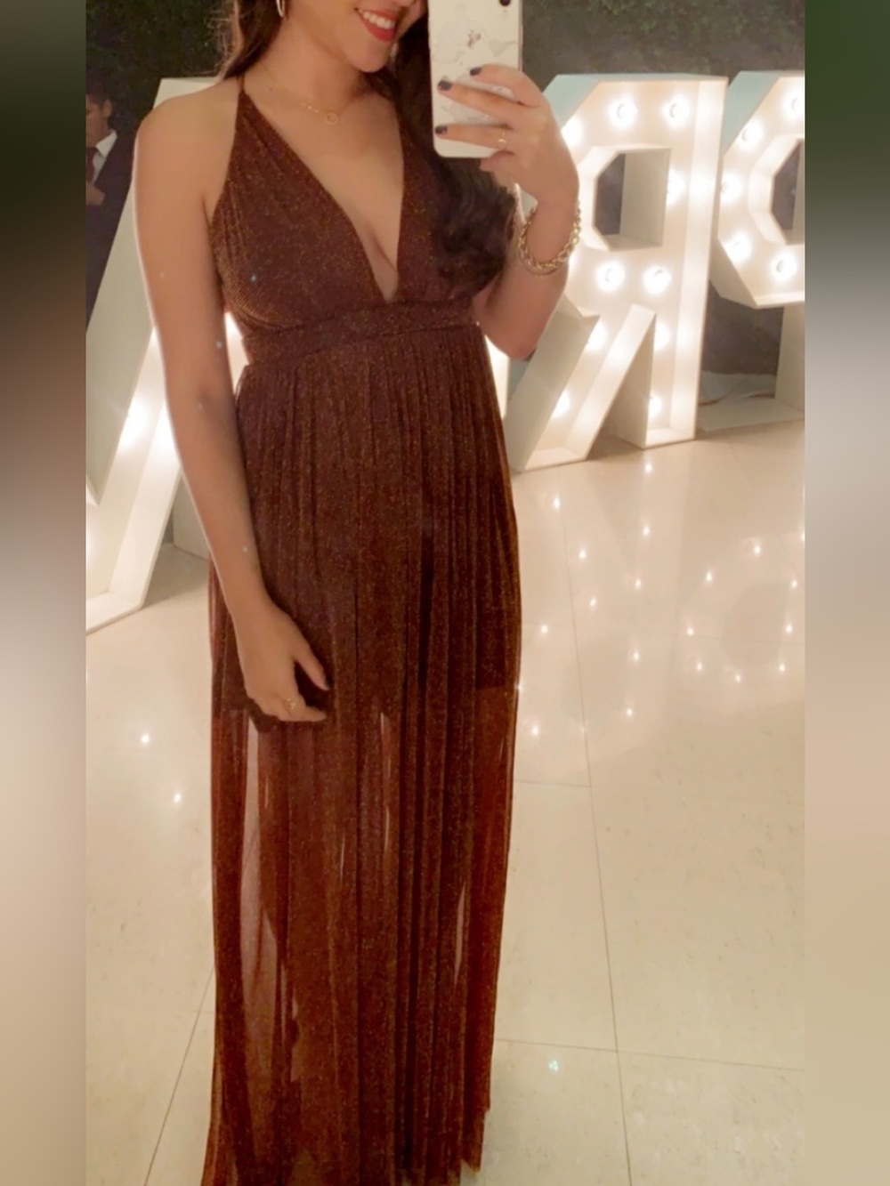 SHEIN Copper Brown Glitter V-Neck Sleeveless Maxi Dress